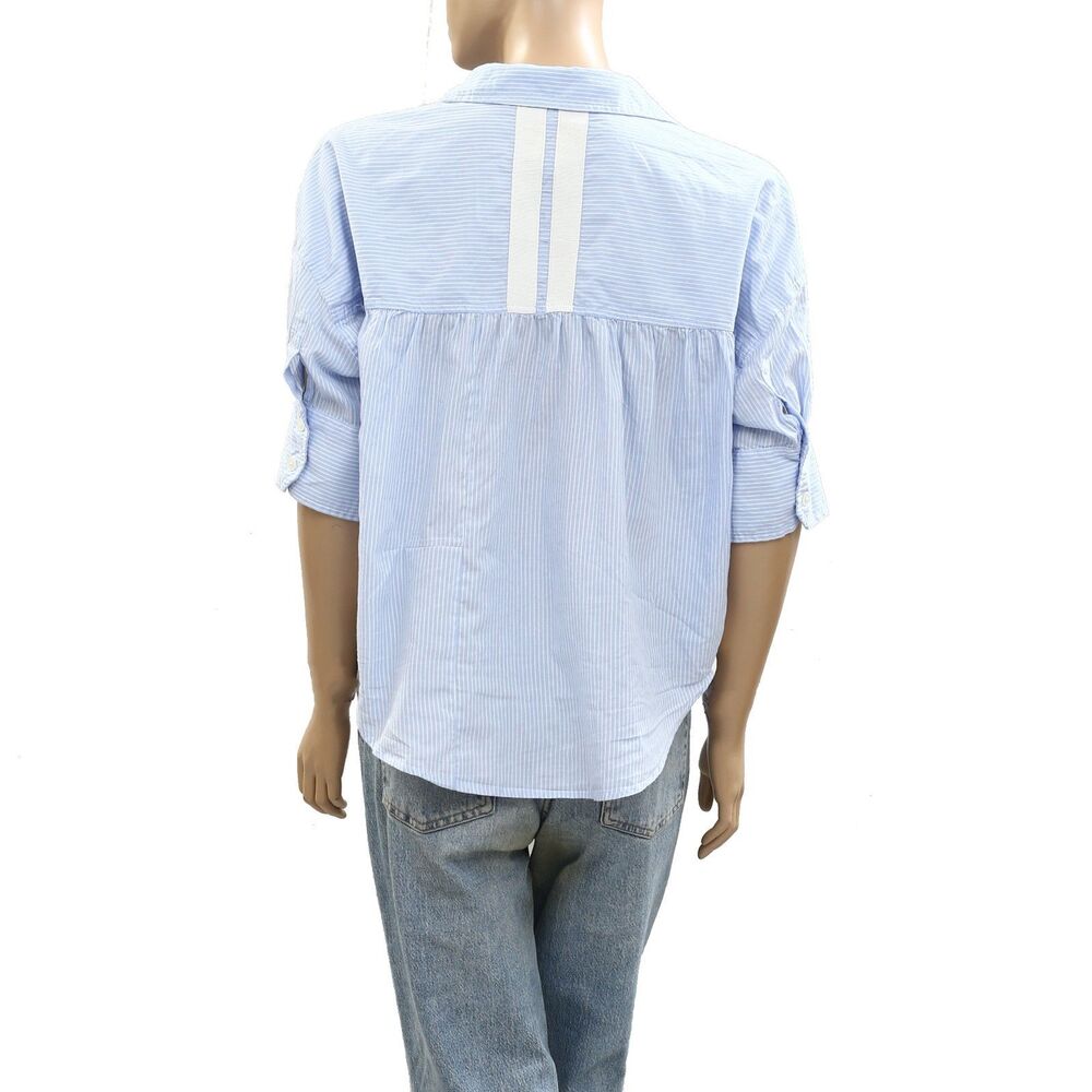 Maeve Anthropologie Buttondown Shirt Top Cat Embroidered Striped Blue XS 287043 - Picture 7 of 8